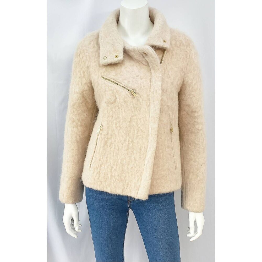 Zara womens large wool mohair alpaca beige fuzzy coat made in Morocco